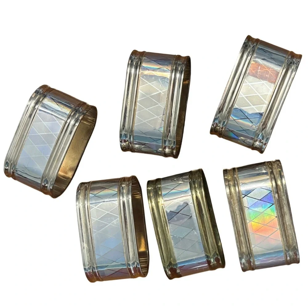 Vintage Iridescent Silver Tone Napkin Rings‎ Set of 6 Diamond Harlequin Oval MCM